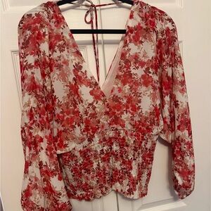 Wayf Red Floral V-Neck Blouse